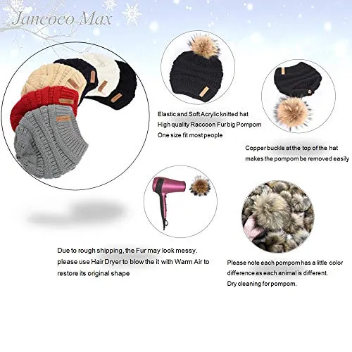 Women Winter Hat Large Raccoon Fur Pom Pom Beanie Hat Knitted Skull Caps Grey