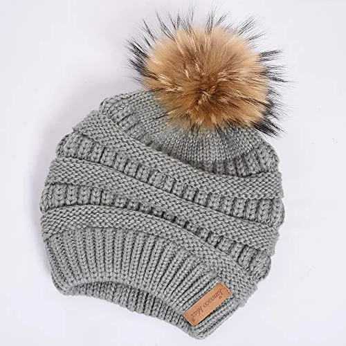 Women Winter Hat Large Raccoon Fur Pom Pom Beanie Hat Knitted Skull Caps Grey
