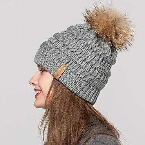 Women Winter Hat Large Raccoon Fur Pom Pom Beanie Hat Knitted Skull Caps Grey