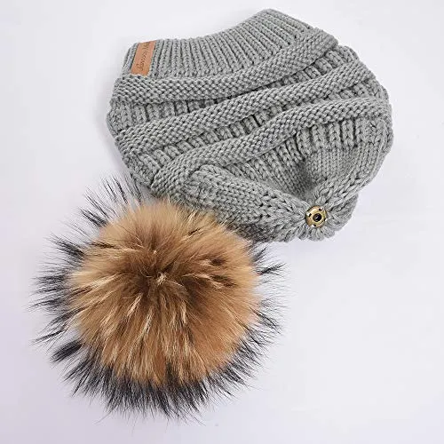 Women Winter Hat Large Raccoon Fur Pom Pom Beanie Hat Knitted Skull Caps Grey