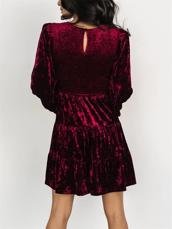 Women's Elegant Velvet Ruffle Round Neck Balloon Sleeve Dress