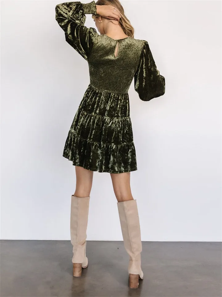 Women's Elegant Velvet Ruffle Round Neck Balloon Sleeve Dress