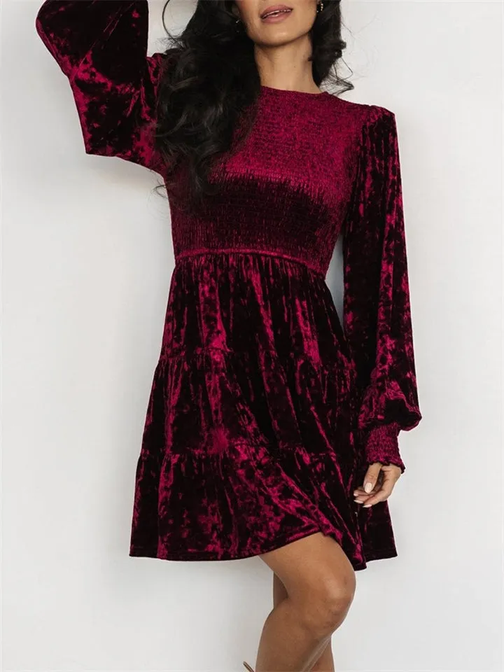 Women's Elegant Velvet Ruffle Round Neck Balloon Sleeve Dress