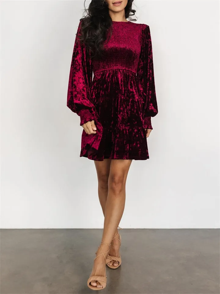 Women's Elegant Velvet Ruffle Round Neck Balloon Sleeve Dress
