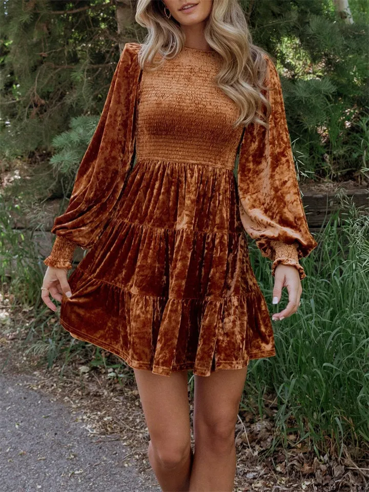 Women's Elegant Velvet Ruffle Round Neck Balloon Sleeve Dress