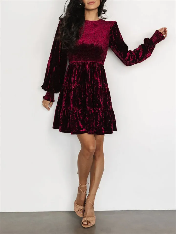 Women's Elegant Velvet Ruffle Round Neck Balloon Sleeve Dress