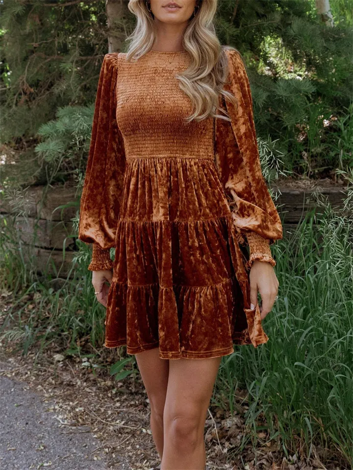 Women's Elegant Velvet Ruffle Round Neck Balloon Sleeve Dress