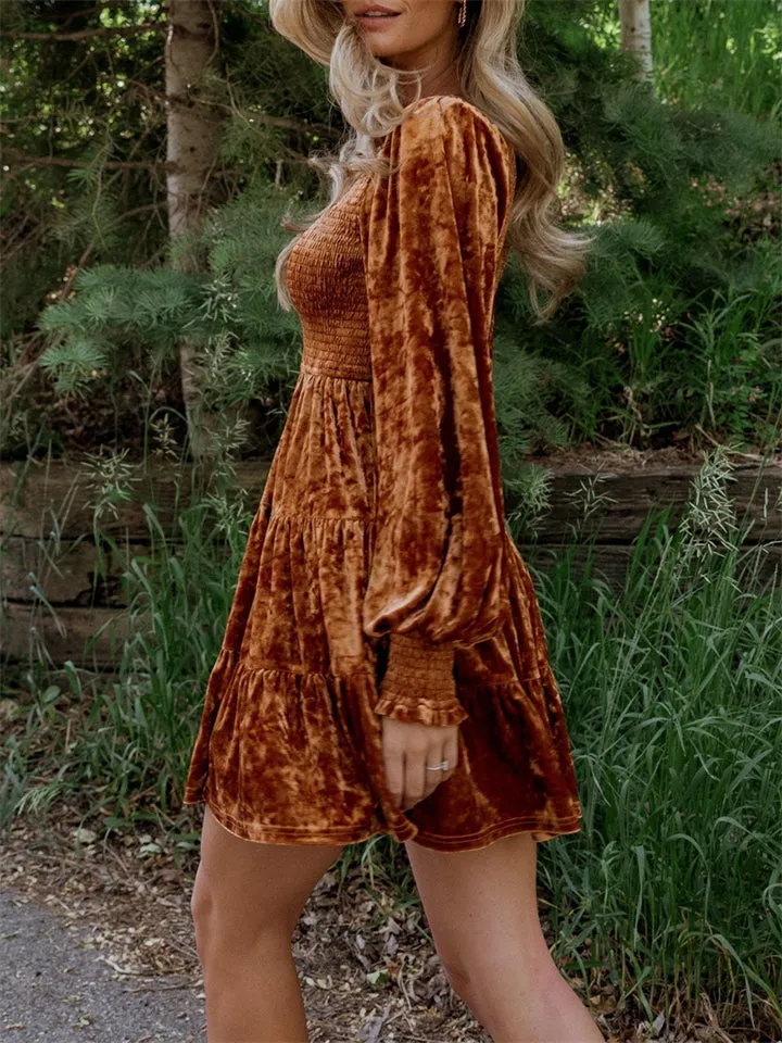 Women's Elegant Velvet Ruffle Round Neck Balloon Sleeve Dress