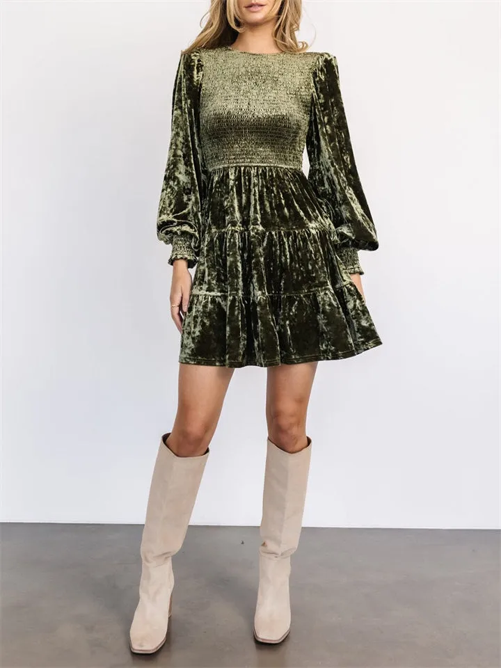 Women's Elegant Velvet Ruffle Round Neck Balloon Sleeve Dress