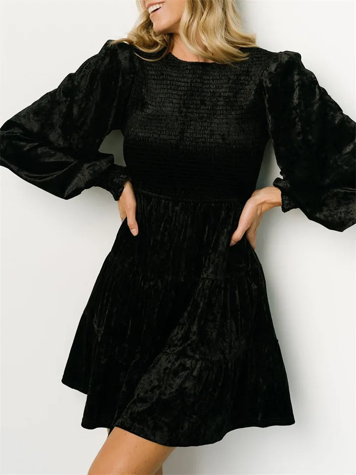 Women's Elegant Velvet Ruffle Round Neck Balloon Sleeve Dress