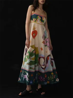 Women's Fashion Graffiti Pleated Hem Midi Dress