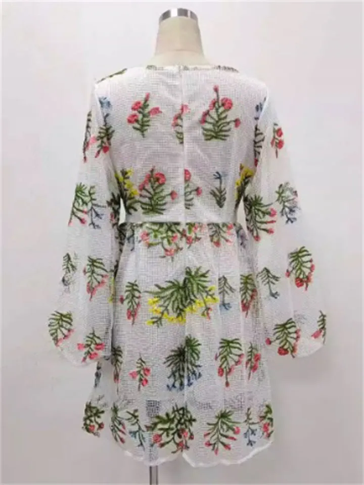 Women's Sexy V Neck Embroidery Lantern Sleeve Fairy Mesh Dress