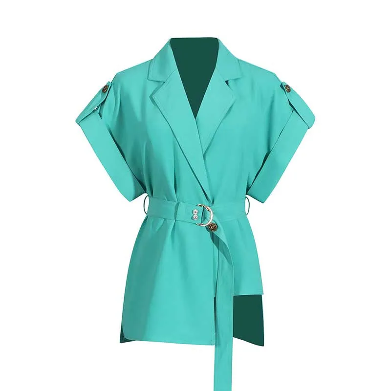 Womens Turquoise Pantsuit Summer Two Pieces Suit Trendy Wide-Legs Suit