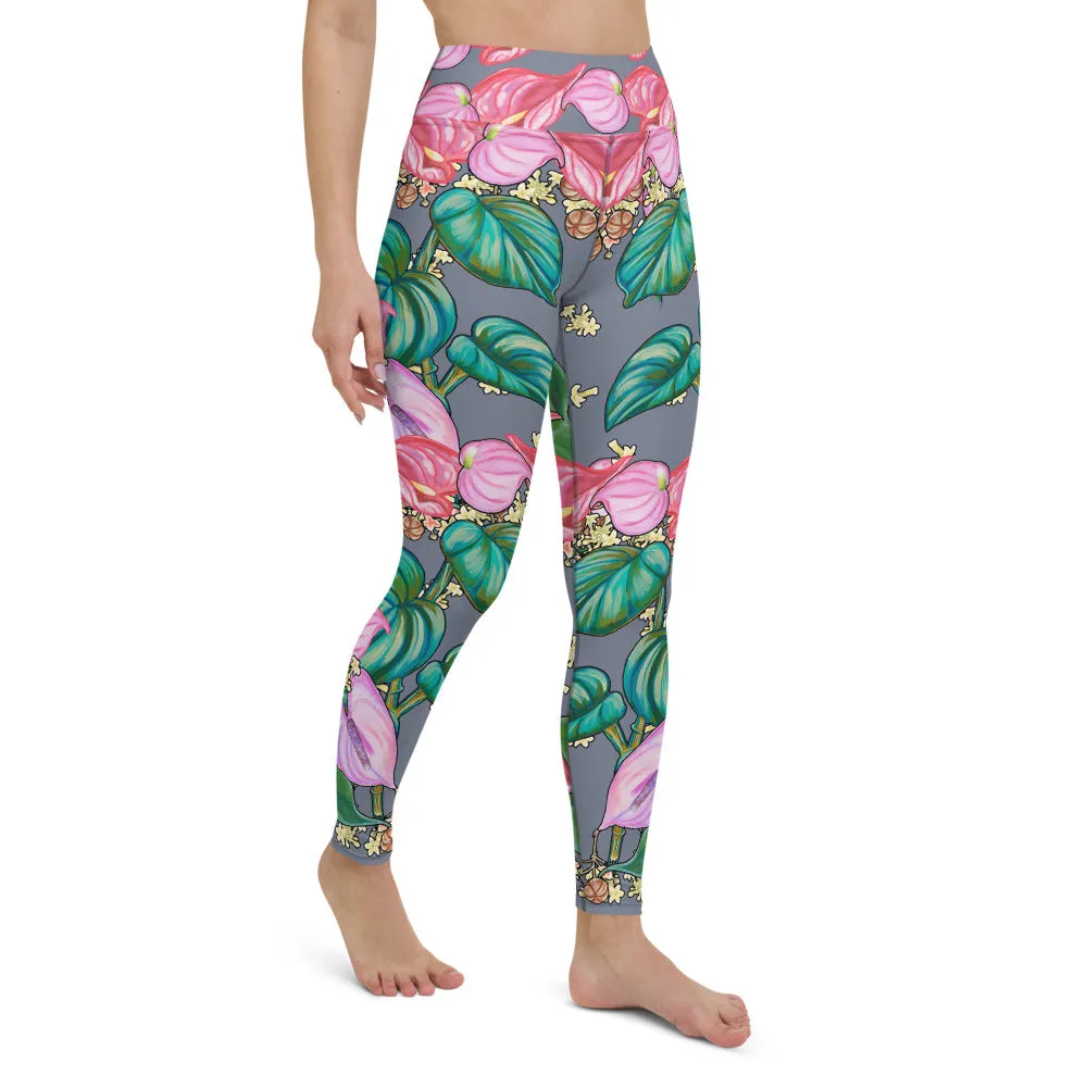 Women's Yoga Pants: Tropical Anthurium & Hawaiian Healing Plants in Grey