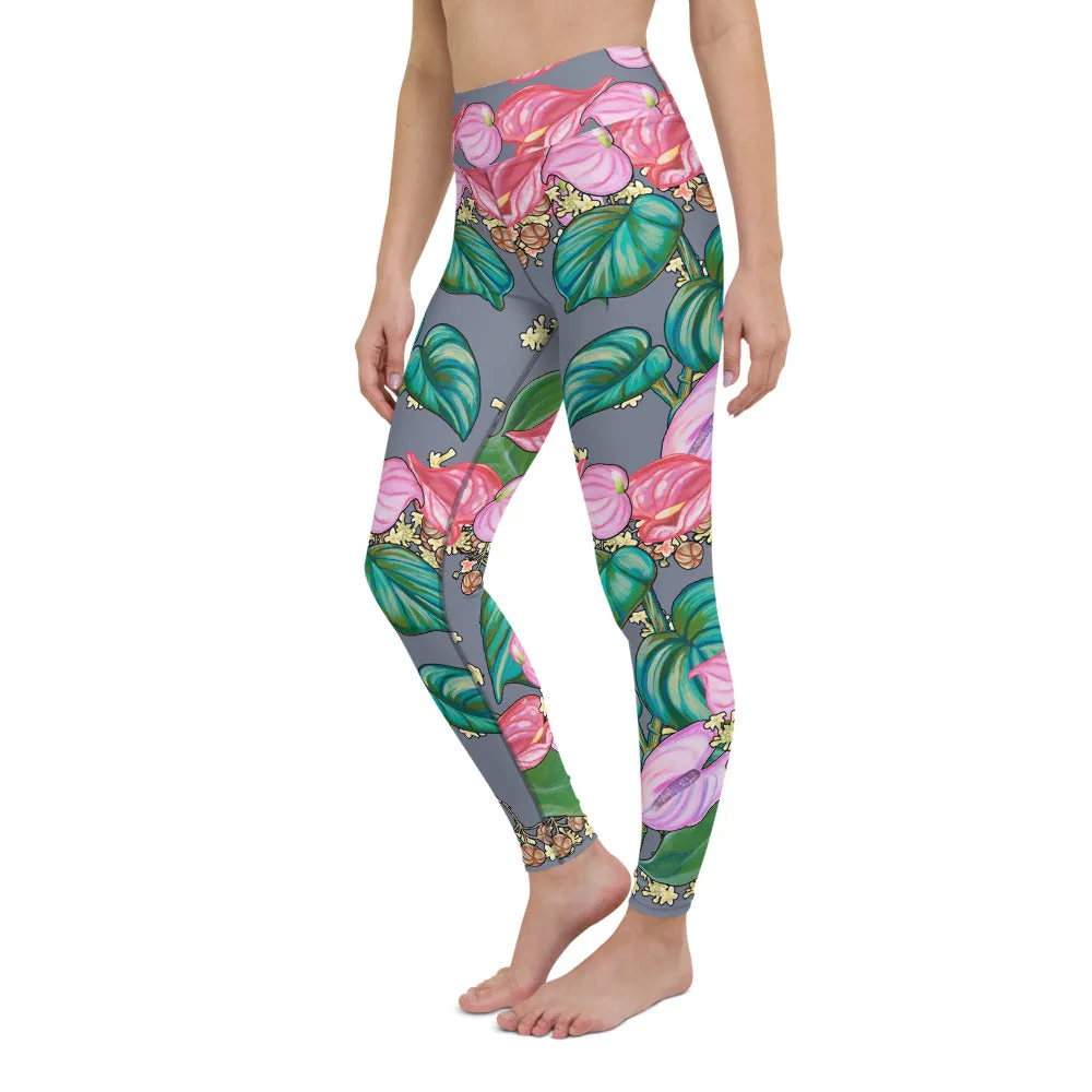 Women's Yoga Pants: Tropical Anthurium & Hawaiian Healing Plants in Grey