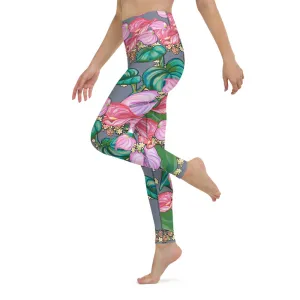Women's Yoga Pants: Tropical Anthurium & Hawaiian Healing Plants in Grey