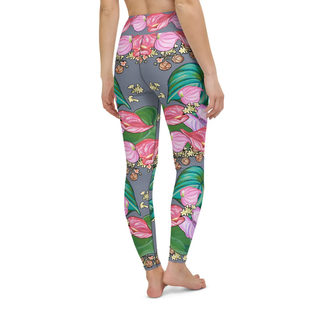 Women's Yoga Pants: Tropical Anthurium & Hawaiian Healing Plants in Grey