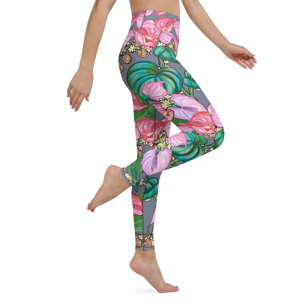 Women's Yoga Pants: Tropical Anthurium & Hawaiian Healing Plants in Grey